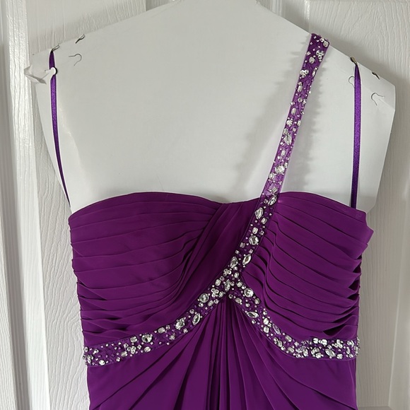 GlamourGirl full length purple one shoulder strap prom dress. - Picture 2 of 14